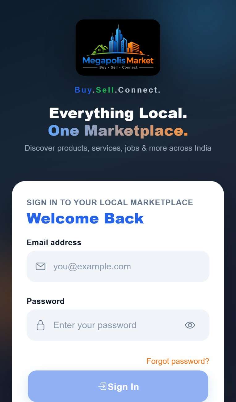 MegapolisMarket app sign in screen